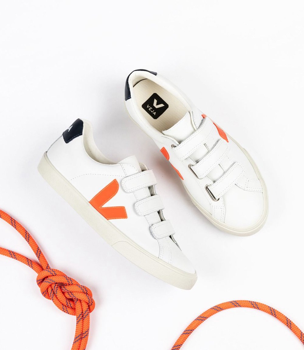 Veja Sneakers Dam - 3-Lock Läder - Vita/Orange - 749518-MUX